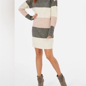 Colorblock Grey and White Striped Turtleneck Dress